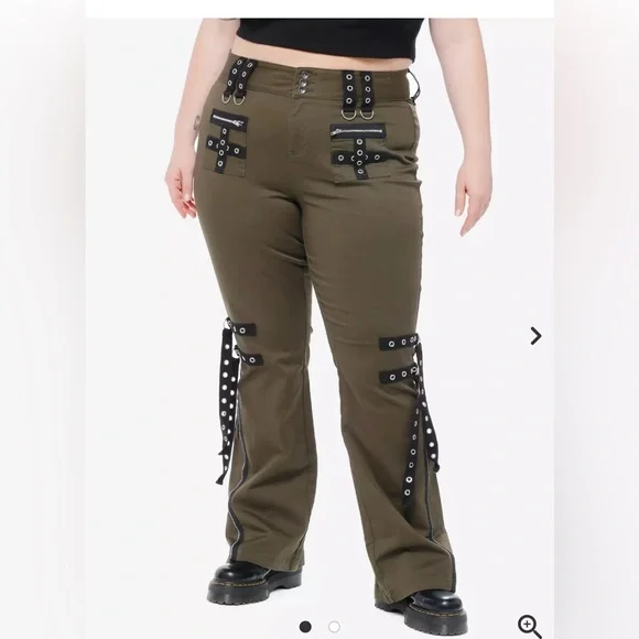 Hot Topic Olive Green Straight Leg Cargo Pants with Black Strap Details - Picture 1 of 4